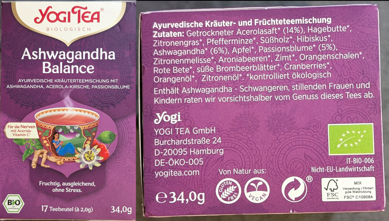 Bei DM gibt es den Ashwagandha Balance Tee zu Kaufen, wie man bei den Zutaten sieht, ist in solch einer ayurvedischen Teemischung dabei viel mehr enthalten, als nur Ashwagandha.