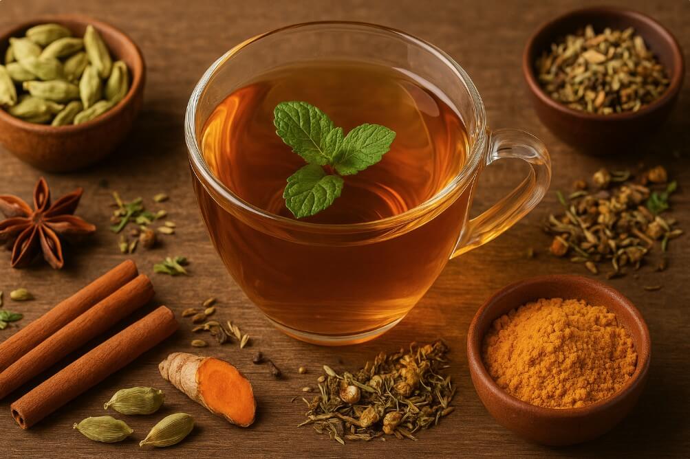 Beim ayurvedischen Tee handelt es sich um keinen klassischen Tee aus der Teepflanze Camellia sinensis sondern um einen Aufguss aus Gewürzen und Kräutern