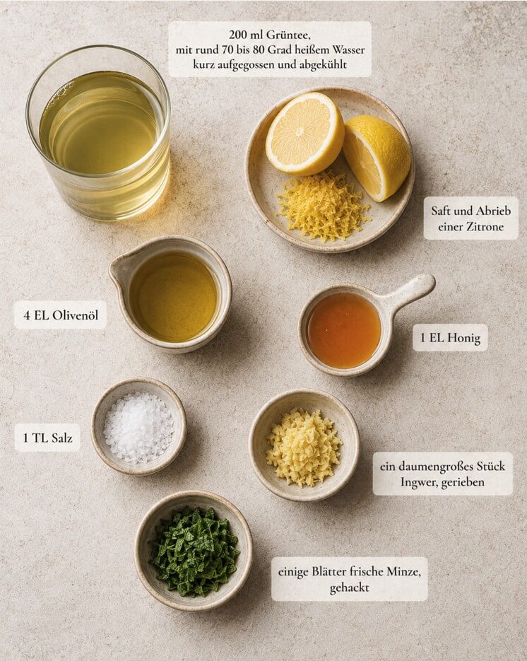Zutaten für Grüntee-Zitrus-Marinade