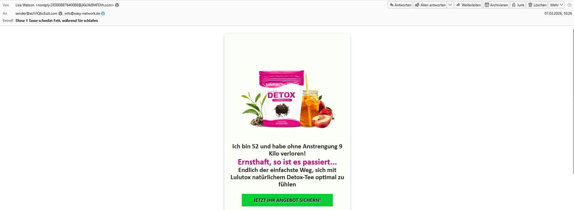 E-Mail Spam bei dem versprochen wird, wie einfach das Abnehmen mit Lulutox doch sein soll