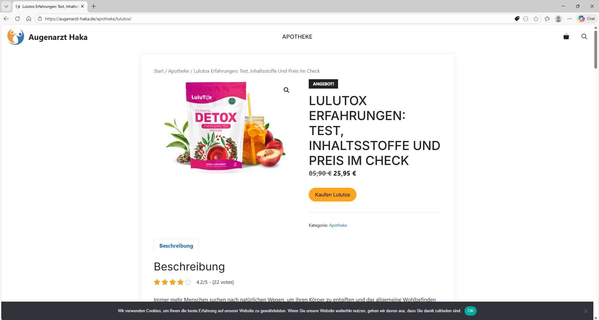 Zweifelhafter Vertrieb des Lulutox-Tees über eine Webseite eines angeblichen Augenarztes