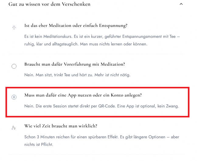 Screenshot von der offiziellen Webseite (Stand 14.05.2026) wo man lesen kann, dass man die Meditation auch ohne App nutzen kann. Dies kann ich leider mit meinen Erfarhungen nicht bestätigen.