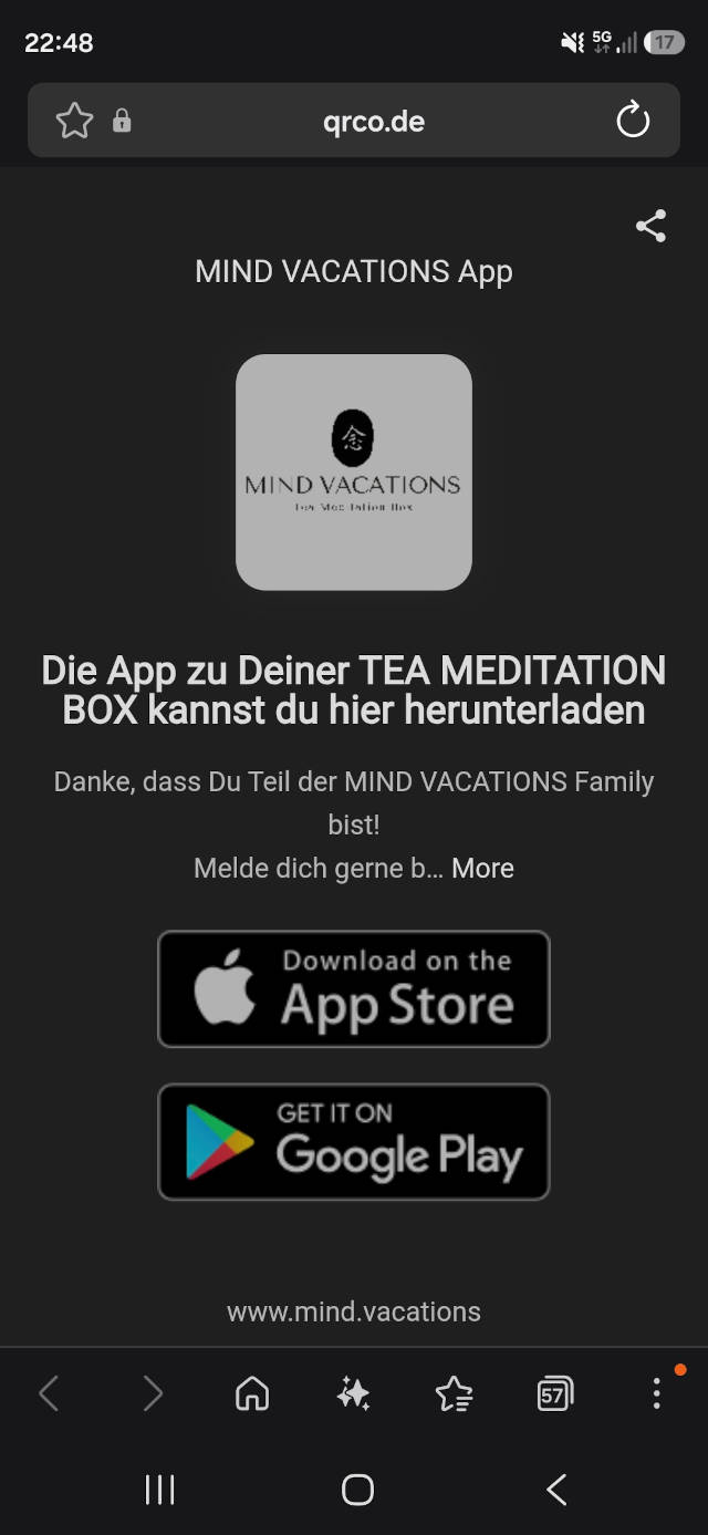 Nach dem Scannen des QR-Codes kommt man immer auf eine Übersichtsseite mit den Download-Möglichkeiten der App, sofern diese noch nicht auf dem Smartphone installiert wurde.
